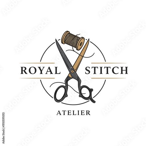 Stitch Tailoring Atelier Logo Featuring Vintage Scissors Thread Spool