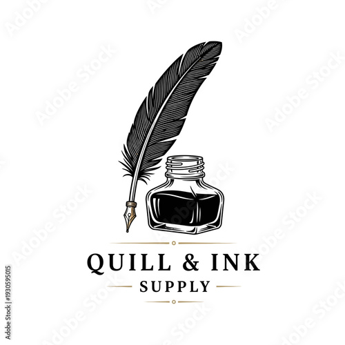 Quill Pen Inkwell Supply Logo Black and Gold Illustration