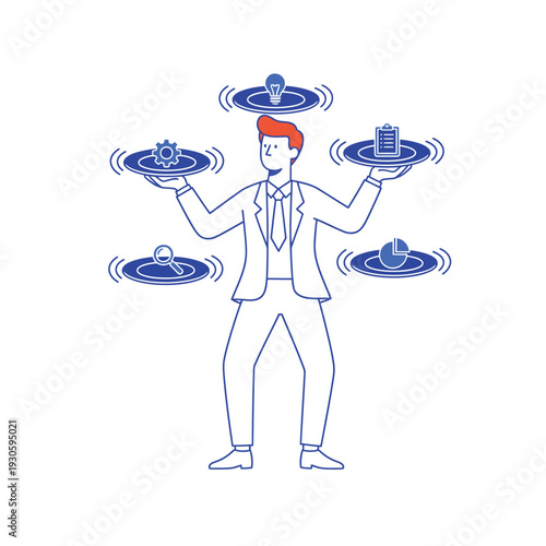 Businessman skillfully juggling multiple business concepts and ideas.
