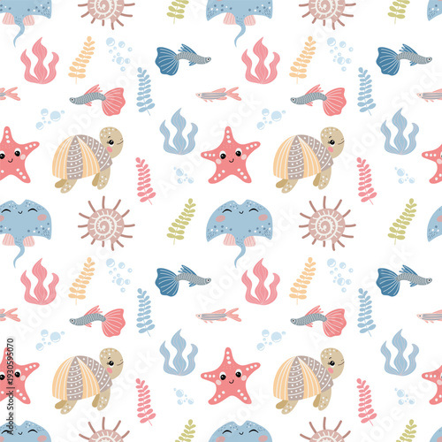 Seamless pattern with cute sea animals, with underwater world design for decorating childrens textiles, wallpaper prints, childrens clothing, bed linen, on white background