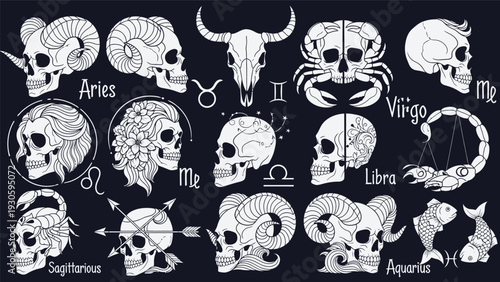 Illustration of zodiac signs with skulls and animal symbols in white on a black background with a graphic and symbolic style.