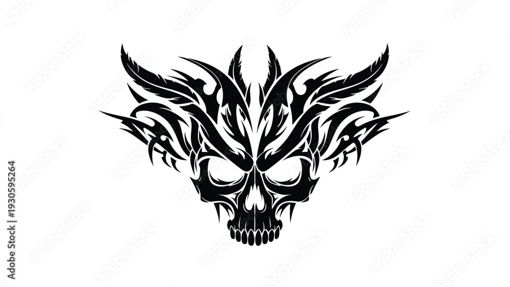 Fototapeta premium Black tribal-style skull illustration with sharp teeth and flames on a white background.