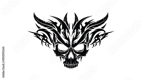 Black tribal-style skull illustration with sharp teeth and flames on a white background.