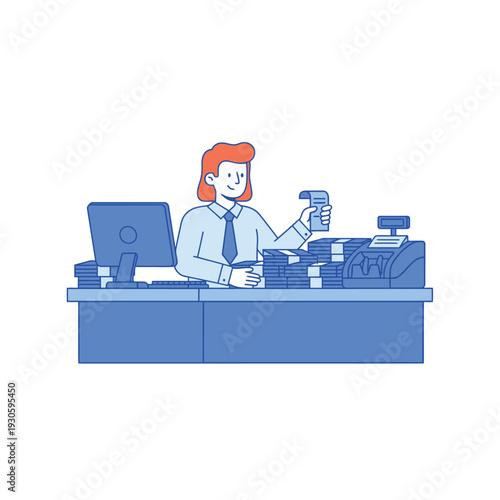 Cashier Counting Money at Counter with Computer and Cash Register.