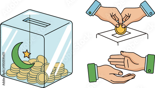 Concept of charity and giving, illustrated with hands donating money into a collection box filled with coins, symbolizing financial support and philanthropy
