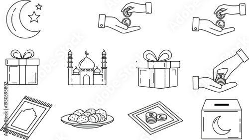 Line art icons for Islamic holidays Ramadan, Eid. Depicts charity, prayer, mosques, gifts, crescent moon. Ideal for cultural celebration designs