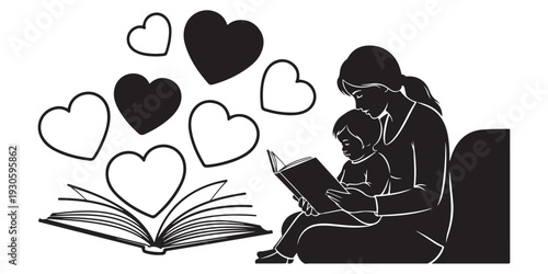 International Women's Day woman reading to child silhouette affection hearts vector