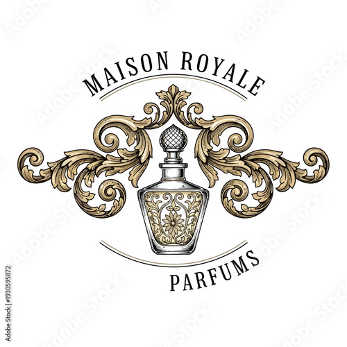 Perfume Elegant Vintage Bottle Illustration with Ornate Scrollwork