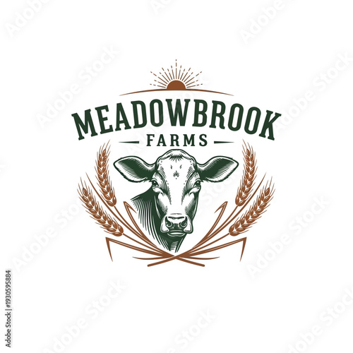 Farm Branding Logo with Cow and Wheat for Agricultural Business