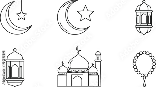 Islamic icons set with crescent moon, star, mosque, lantern, and prayer beads for Ramadan and Eid celebrations