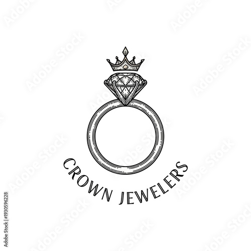 Crown Jewelers Logo with Diamond Ring and Royal Crown Drawing