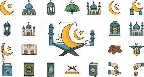 Ramadan and Islamic cultural icons collection for holidays, mosques, religious texts, and traditional symbols