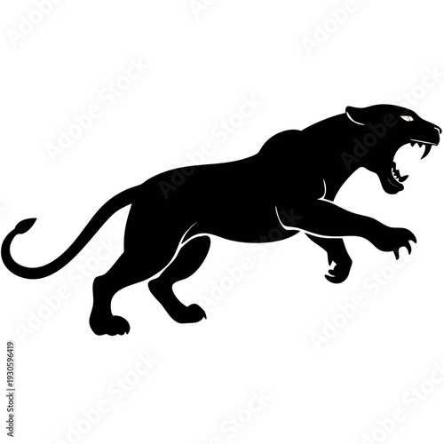 Fierce black panther in aggressive stance with open mouth