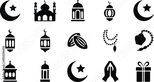 Collection of Islamic Ramadan Kareem Black Icons Set