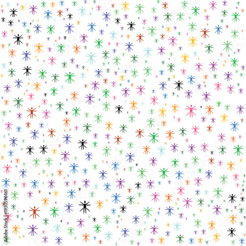 A multitude of colorful abstract human figures scattered across a white background creating a vibrant pattern