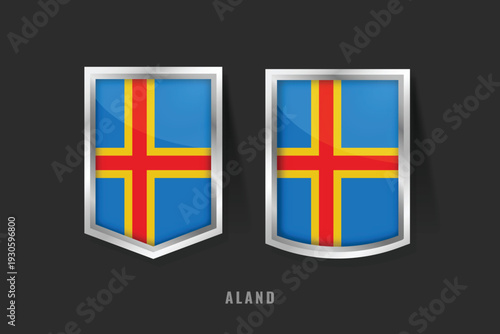 High-quality 3D vector illustration of Aland Islands flag badges. Metallic silver shields featuring the yellow and red Nordic cross on a blue field for Finnish regional identity.