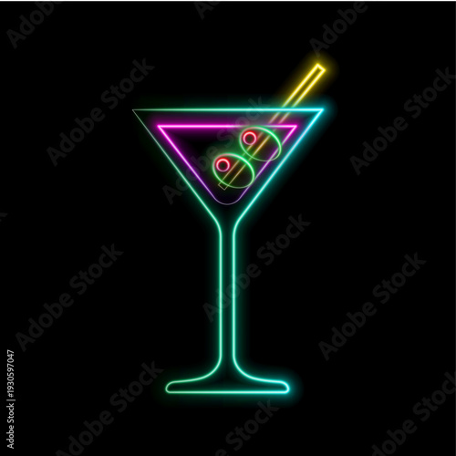 Neon cocktails bar sign in circle frame with lettering on dark brick wall background. Glowing gas advertising with glasses of alcohol shakes. Drinking canteen banner. Vector illustration.