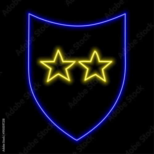 Neon light effect. Inline shield icon. Privacy and security sign. Protection symbol. 3D inline neon light icon. Brick wall banner. Shield outline. Vector.
