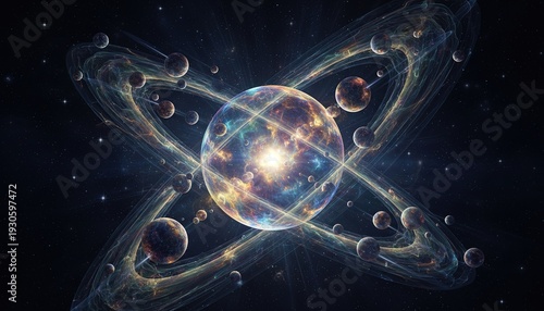 Cosmic illustration showing a central sphere surrounded by glowing orbs and energy patterns