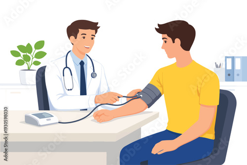 Doctor Checking Patient Blood Pressure in Clinic – Medical Checkup, Healthcare Consultation and Hypertension Monitoring Vector Illustration