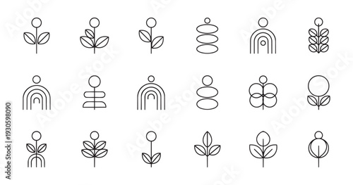 Minimalist line art abstract shapes and nature icons vector set