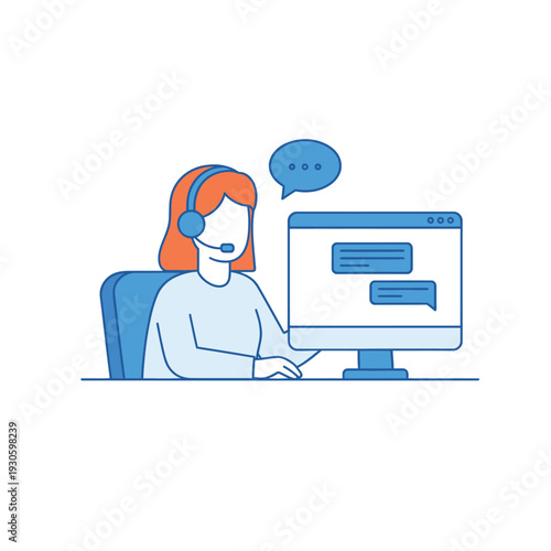 Customer service operator working on computer with headset.