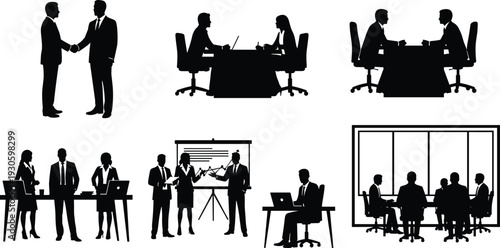Business people and professional team silhouette set for meeting, presentation, handshake, and office work in various workplace scenes and backgrounds, cad drawing flat vector illustration