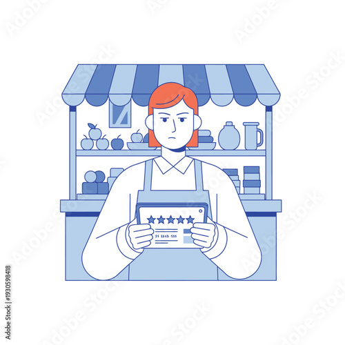 Disappointed Store Owner Holding a Negative Review Card.