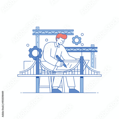 Engineer Designing A Bridge Structure With Tools.