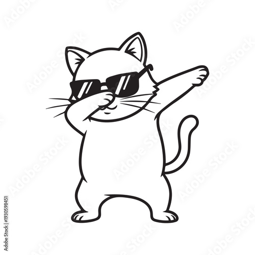 Dabbing Cat Vector Illustration. Funny cool kitten wearing sunglasses doing the dab dance move. Black and white outline cartoon character isolated on white background for coloring book.
