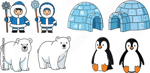 Cartoon Arctic scene with children, igloos, polar bears and penguins, winter character illustration for education, wildlife, culture, cold climate and storytelling projects