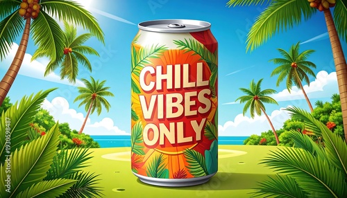 Cartoonish scene, tropical setting with a can, palm trees, and ocean under a sunny sky