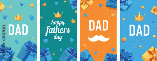Happy Father's Day greeting cards set with crown, mustache, gift boxes and hearts for dad celebration social media story backgrounds, cad drawing flat vector illustration