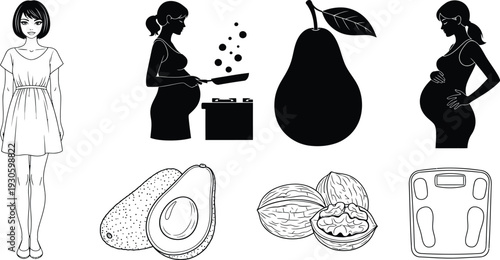 Pregnant Woman Character Set Featuring Healthy Nutrition With Avocado Walnuts and Pear Silhouette Plus Maternal Cooking and Weight Scale Illustrations
