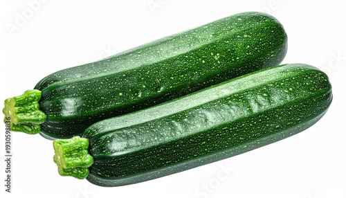 Two green zucchini vegetables isolated on white. Details on the skins, with the green stalks