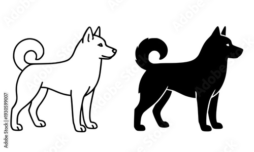 Dog icon, vector illustration of siberian husky, black and white in outline and silhouette design style