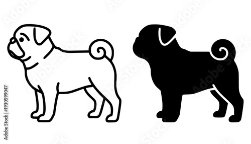 Dog icon, vector illustration of pug, black and white in outline and silhouette design style