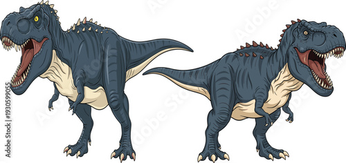 Cartoon Tyrannosaurus rex dinosaurs in dynamic poses with sharp teeth, prehistoric predator illustration for education, entertainment, character design and creative projects