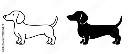 Dog icon, vector illustration of a dachshund, black and white in outline and silhouette design style