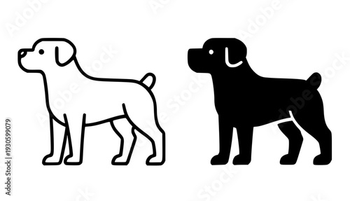 Dog icon, vector illustration of rottweiler, black and white in outline and silhouette design style