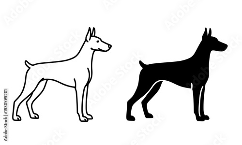Dog icon, vector illustration of doberman, black and white in outline and silhouette design style