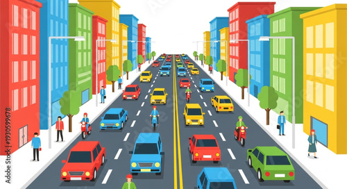 City Street with Cars and Buildings.