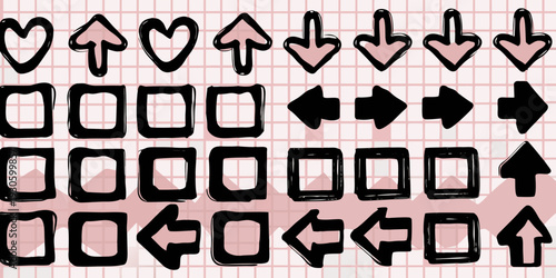 Collection of black doodle arrows hearts squares and diamonds on grid