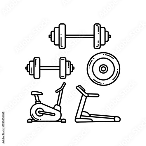 Collection of Fitness Equipment Including Dumbbells, Exercise Bike, and Treadmill for Workout Routines