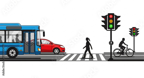 City Street Traffic Scene with Pedestrian.