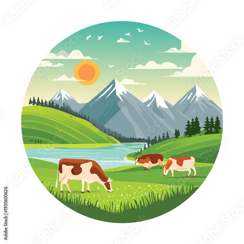 Cows grazing in a scenic landscape with mountains and lake