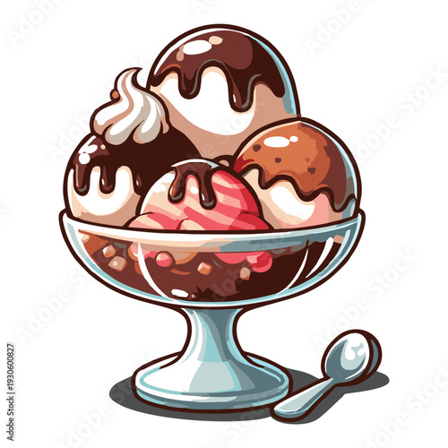Delicious illustration of a dessert bowl filled with creamy ice cream scoops, lavishly topped with chocolate and sweet berry drizzles, portraying a refreshing sweet treat