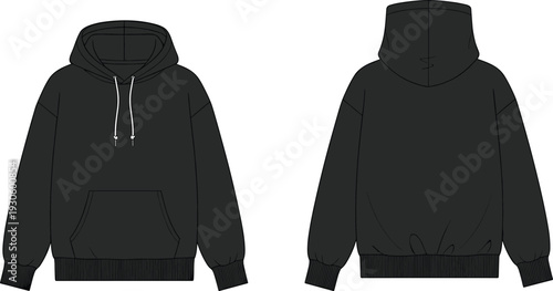 Fashion flat sketch hooded sweatshirt, vector CAD drawing, technical illustration, kangaroo pocket design, garment construction detail, apparel template