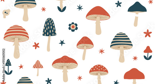 A charming seamless pattern featuring a variety of cute, folk-art-style mushrooms, flowers, and stars in a muted retro color palette on a white background.