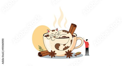 A whimsical illustration of a cute cat sleeping comfortably inside a large cup of steaming chai tea, surrounded by cinnamon sticks and star anise.